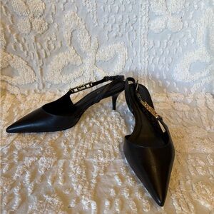 Black Pointed Slingback Heels with Gold Chain Detail #539
